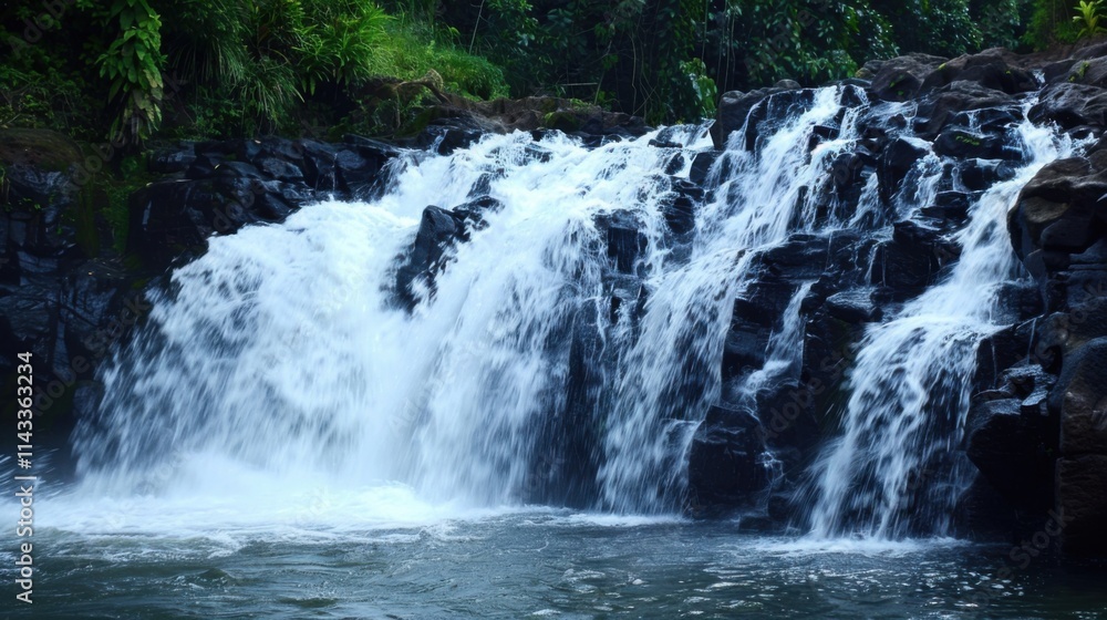 Serene cascade waterfall flowing over dark rocks, creating a mesmerizing spectacle of nature's artistry. Serene cascade waterfall flowing over dark rocks, creating a mesmerizing spectacle of nature's artistry.