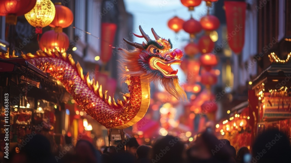 Fototapeta premium Radiant Dragon's Festive Dance amidst glowing lanterns, a vibrant spectacle of Chinese New Year celebrations.