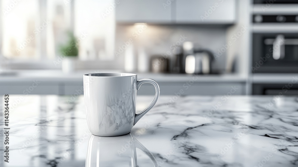 White Marble Coffee Mug on Bright Countertop in Modern Kitchen White Marble Coffee Mug on Bright Countertop in Modern Kitchen
