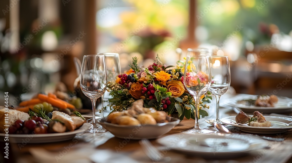 Elegant dining table setting with an array of delicious food and vibrant floral centerpiece. Elegant dining table setting with an array of delicious food and vibrant floral centerpiece.