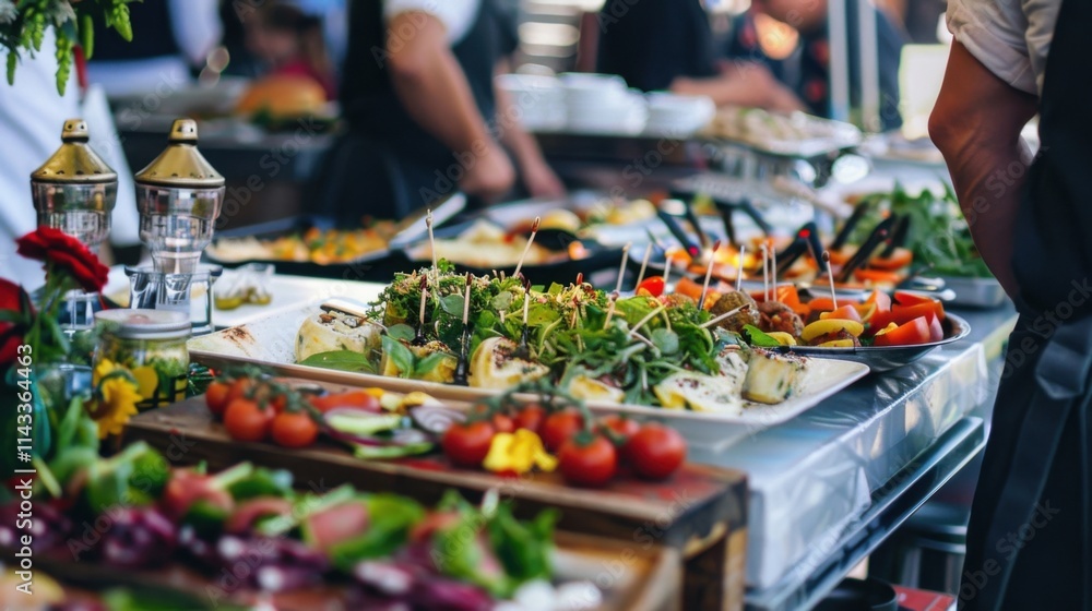 A vibrant food festival feast! Colorful appetizers, fresh vegetables, and savory rolls create a mouthwatering display. A vibrant food festival feast! Colorful appetizers, fresh vegetables, and savory rolls create a mouthwatering display.