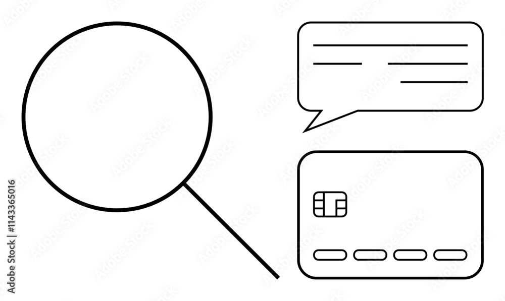 Magnifying glass examining credit card and chat bubble. Ideal for finance, online security, data protection, e-commerce, customer support, banking, cybersecurity. Line metaphor Magnifying glass examining credit card and chat bubble. Ideal for finance, online security, data protection, e-commerce, customer support, banking, cybersecurity. Line metaphor
