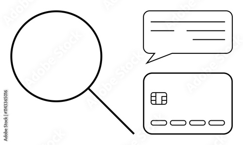Magnifying glass examining credit card and chat bubble. Ideal for finance, online security, data protection, e-commerce, customer support, banking, cybersecurity. Line metaphor