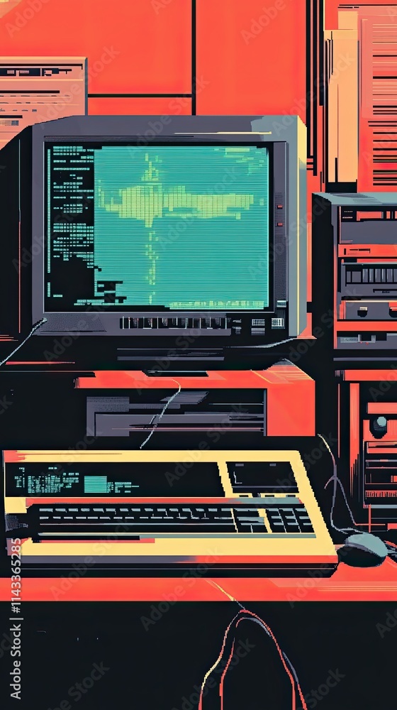 Retro Computer Setup With Green Screen Displaying Code Retro Computer Setup With Green Screen Displaying Code