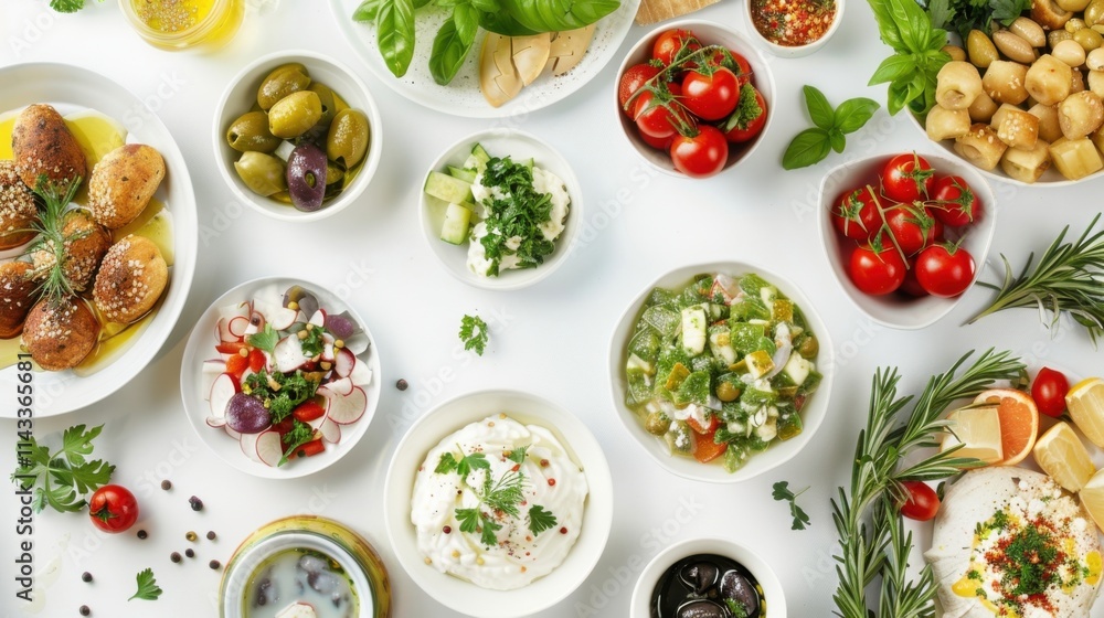 A vibrant Mediterranean Mezze spread: olives, dips, salads, and more! A feast for the eyes and taste buds. A vibrant Mediterranean Mezze spread: olives, dips, salads, and more! A feast for the eyes and taste buds.