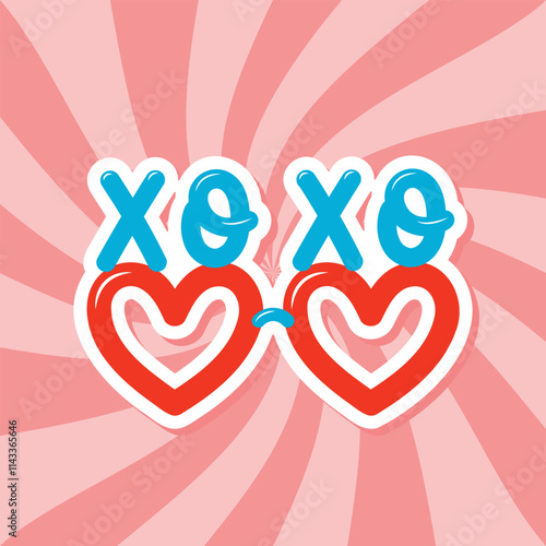 heart shape sunglasses with xoxo letters, Valentine party props, retro style vector illustration