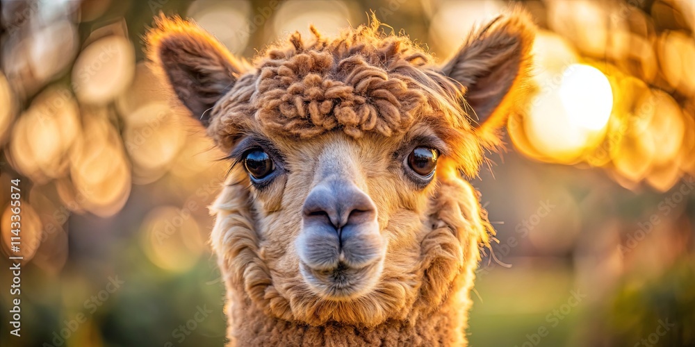 Obraz premium A close-up portrait of a soft, fluffy alpaca with large, expressive eyes, bathed in the warm glow of the setting sun, revealing a gentle and curious nature.
