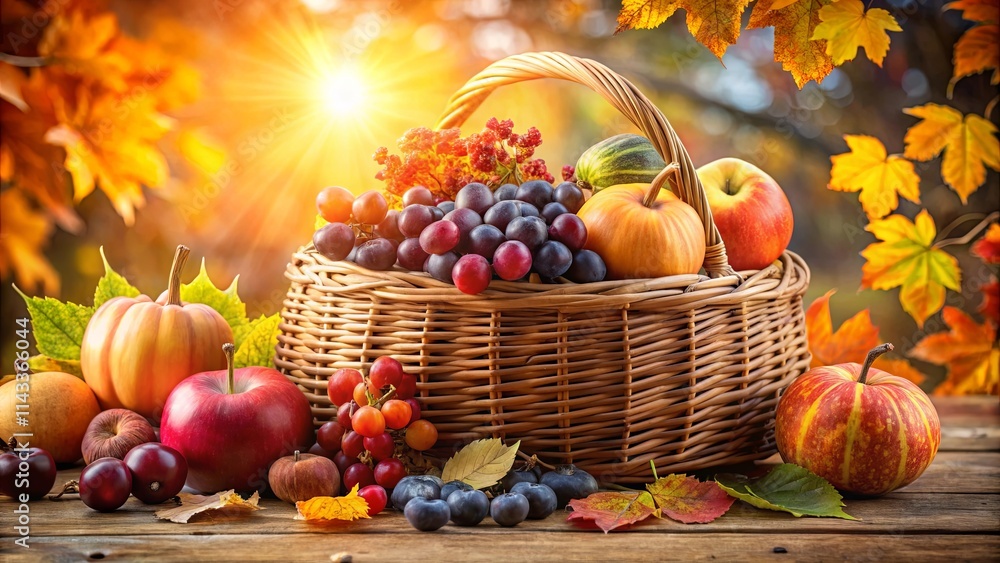 Autumn Harvest A Wicker Basket Overflowing With Grapes, Apples, and Pumpkins, Nestled Among Vibrant Fall Leaves on a Rustic Wooden Surface, Bathed in the Warm Glow of a Setting Sun. Autumn Harvest A Wicker Basket Overflowing With Grapes, Apples, and Pumpkins, Nestled Among Vibrant Fall Leaves on a Rustic Wooden Surface, Bathed in the Warm Glow of a Setting Sun.