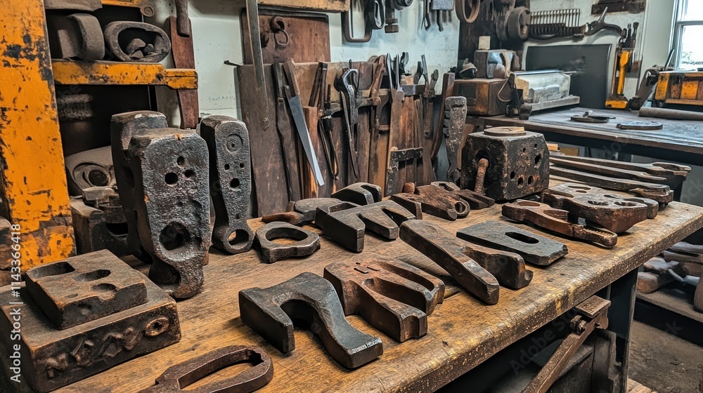 A workshop table cluttered with various metal tools and objects, showcasing craftsmanship. A workshop table cluttered with various metal tools and objects, showcasing craftsmanship.