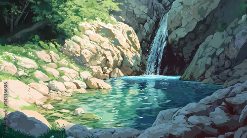 Water trickles from the rocky cliff's edge, forming a small rivulet that gradually widens into a tranquil pool. Rivulet. Illustration