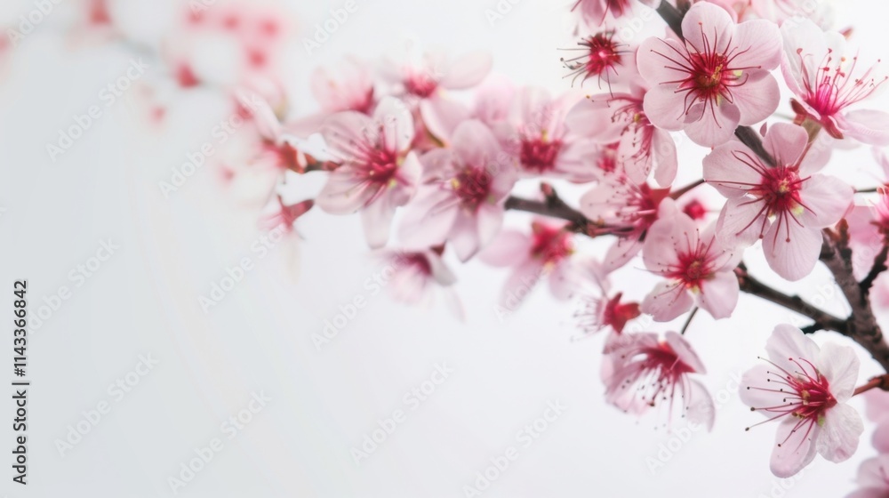 Obraz premium Delicate pink blossoms bloom on a branch, creating a serene and peaceful atmosphere. A gentle beauty unfolds.