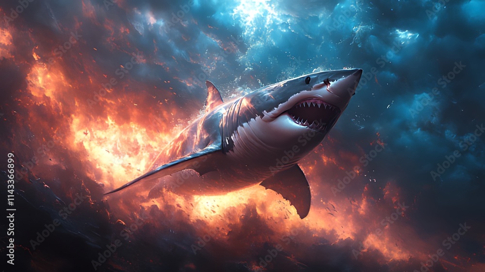 Fototapeta premium Great white shark flying through fiery, stormy sky.