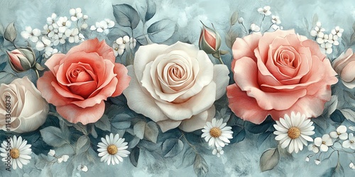 A decorative arrangement of roses and daisies with soft colors and a textured background.