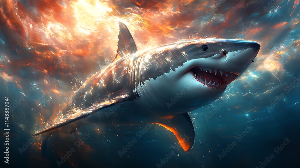 Great white shark swimming in a fiery, cosmic ocean. Great white shark swimming in a fiery, cosmic ocean.
