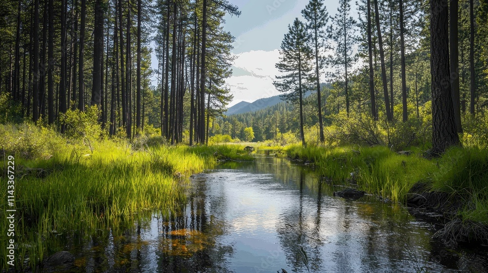 Obraz premium Serene Forest Ecosystem with Lush Greenery and Reflective Stream Under Bright Sky