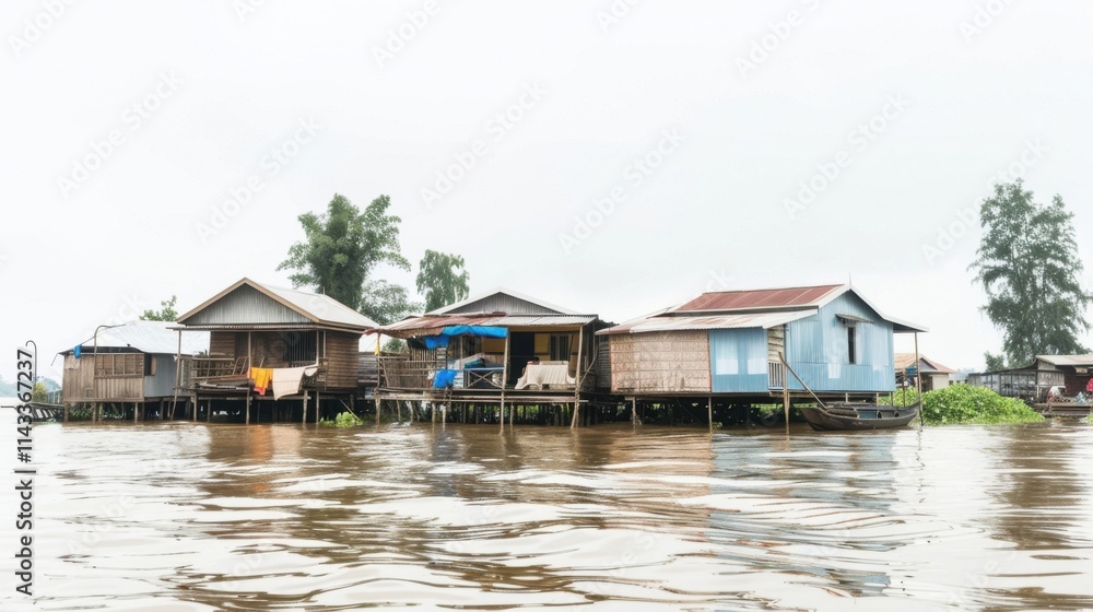 Stilted river houses in a serene village. Tranquil waters reflect the sky, creating a picturesque scene. Stilted river houses in a serene village. Tranquil waters reflect the sky, creating a picturesque scene.