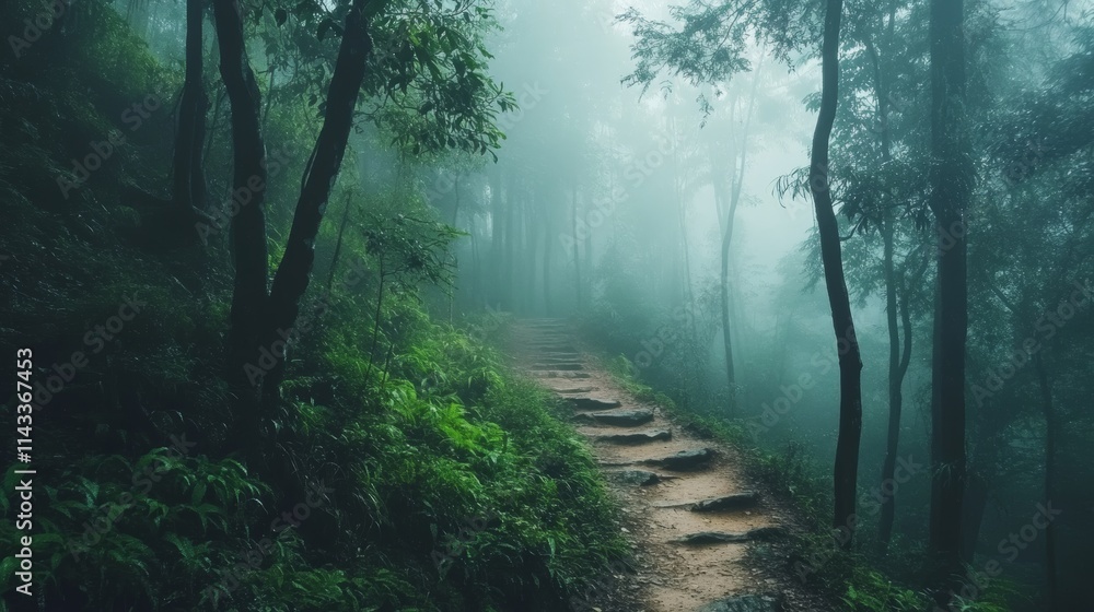 Misty Morning in a Dense Forest Pathway Misty Morning in a Dense Forest Pathway