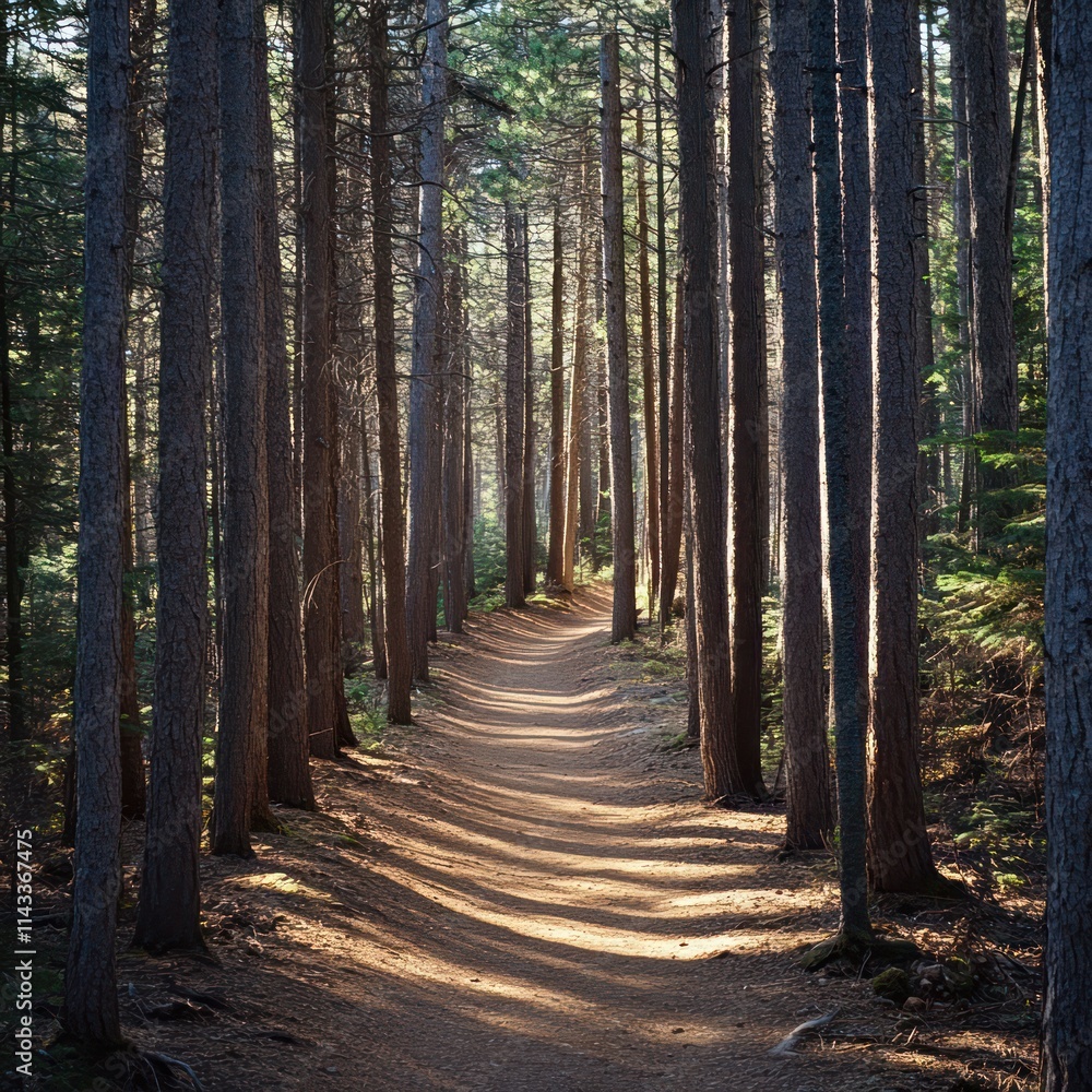 Fototapeta premium A path in the middle of a dense forest, a narrow and winding path with tall trees.