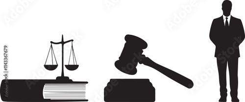 Silhouette of Lawyer standing near a gavel and law book vector silhouette