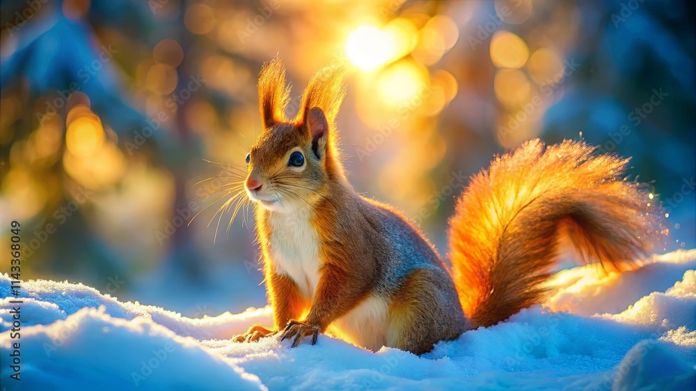 A Red Squirrel Bathed in Golden Light, Its Tail a Blaze of Warmth Against a Snowy Landscape A Red Squirrel Bathed in Golden Light, Its Tail a Blaze of Warmth Against a Snowy Landscape