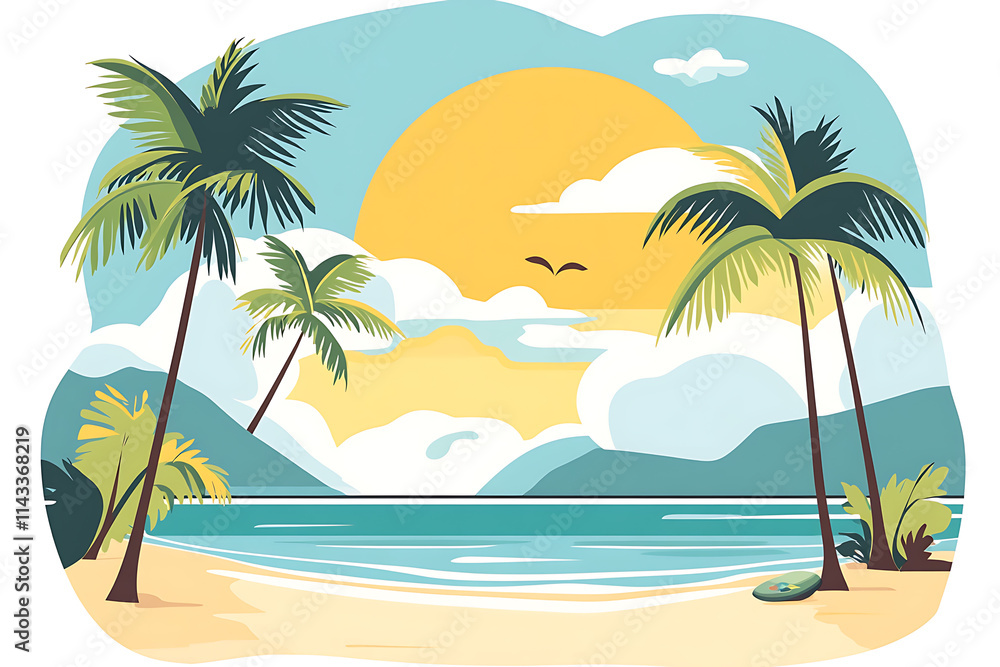 A flat vector illustration of palm trees on a beach in Mexico during summer, capturing the essence of relaxation and tropical beauty. The design is modern and minimalistic with a clean white backgroun A flat vector illustration of palm trees on a beach in Mexico during summer, capturing the essence of relaxation and tropical beauty. The design is modern and minimalistic with a clean white backgroun