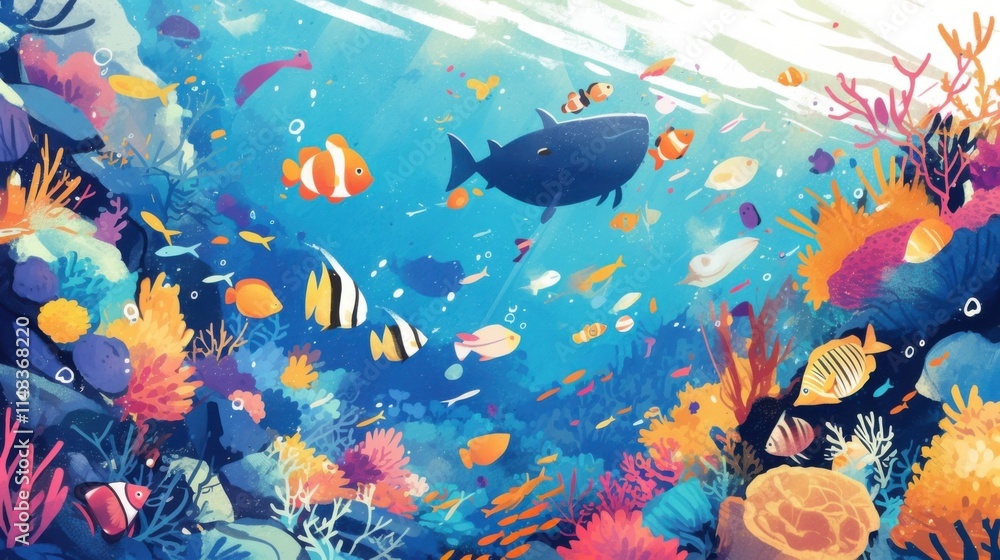 Dive into a vibrant underwater world teeming with colorful fish and coral reefs. A mesmerizing ocean scene! Dive into a vibrant underwater world teeming with colorful fish and coral reefs. A mesmerizing ocean scene!
