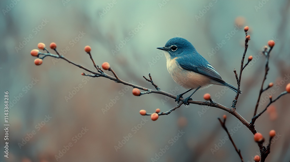 Blue Bird on Branch: A Serene Winter Scene Blue Bird on Branch: A Serene Winter Scene