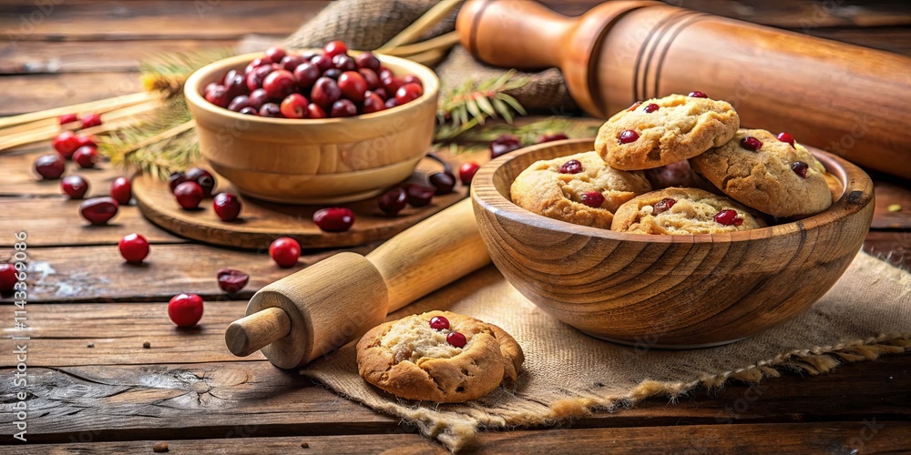 Rustic wooden bowl filled with homemade cranberry cookies, a rolling pin, and scattered cranberries on a weathered wooden table. Rustic wooden bowl filled with homemade cranberry cookies, a rolling pin, and scattered cranberries on a weathered wooden table.