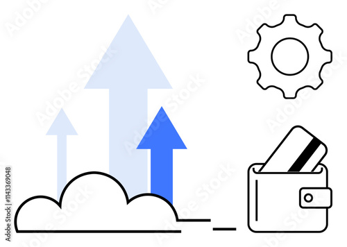 Digital wallet with credit card, upward growth arrows emerging from cloud, gear icon. Ideal for financial services, online payments, fintech innovation, digital wallets, secure transactions, cloud