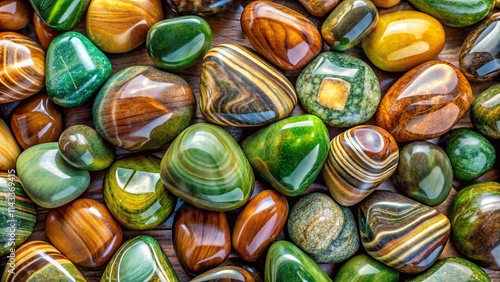 A Collection of Polished Stones Displaying Vibrant Green and Brown Bands, Capturing the Beauty of Natural Patterns