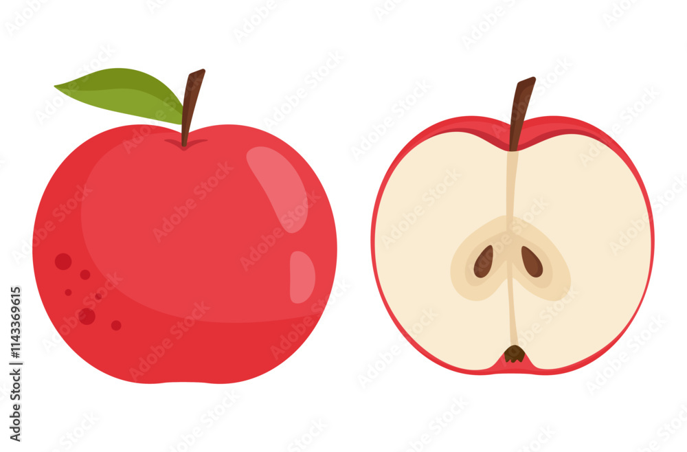Red apple whole and slice. Healthy food vector illustration in flat design Red apple whole and slice. Healthy food vector illustration in flat design
