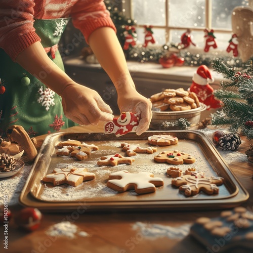 Baking holiday cookies, realistic scene of baking holiday cookies.