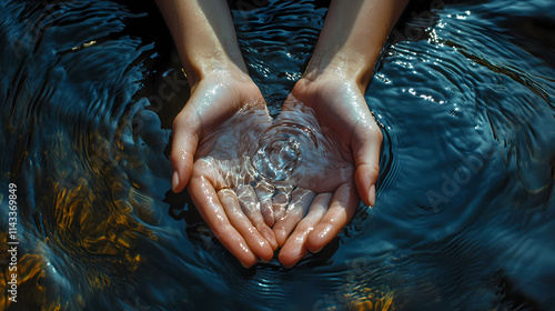 Photo of hands cupping water. Rivulet. Illustration