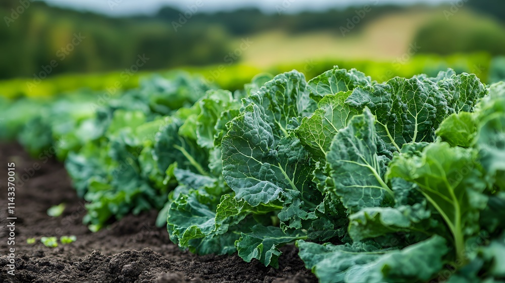Lush green kale leaves growing in a vibrant farm field. Lush green kale leaves growing in a vibrant farm field.