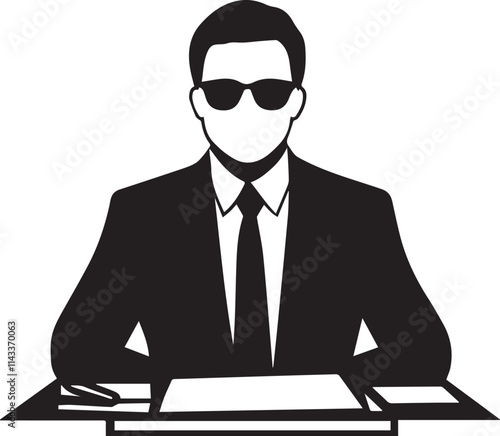 Silhouette of Lawyer sitting at a desk with documents vector silhouette