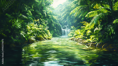 Rainforest rivulet: a crystal-clear river running through a dense, lush jungle. Rivulet. Illustration