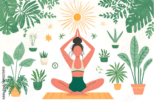 Wallpaper Mural Flat vector illustration of a young woman practicing yoga on a mat in a bright room filled with plants and natural sunlight, symbolizing wellness, mindfulness, and a serene lifestyle Torontodigital.ca