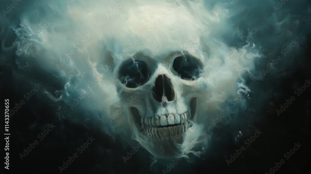 Eerie Skull Emerges from Dark Cloudy Background Eerie Skull Emerges from Dark Cloudy Background