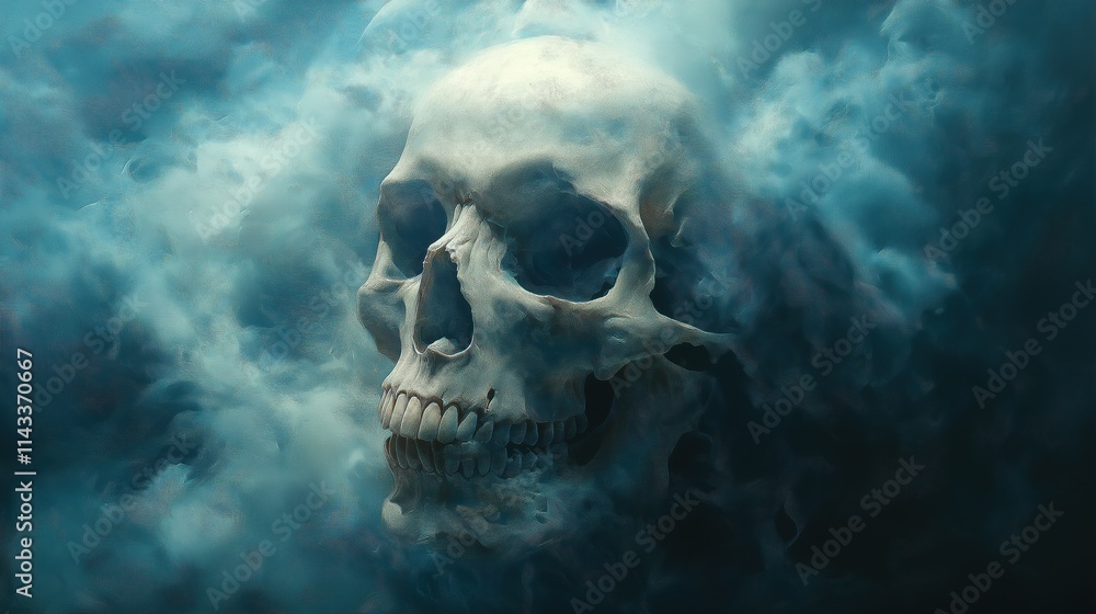 Eerie Skull Emerging from Dark Foggy Atmosphere Eerie Skull Emerging from Dark Foggy Atmosphere