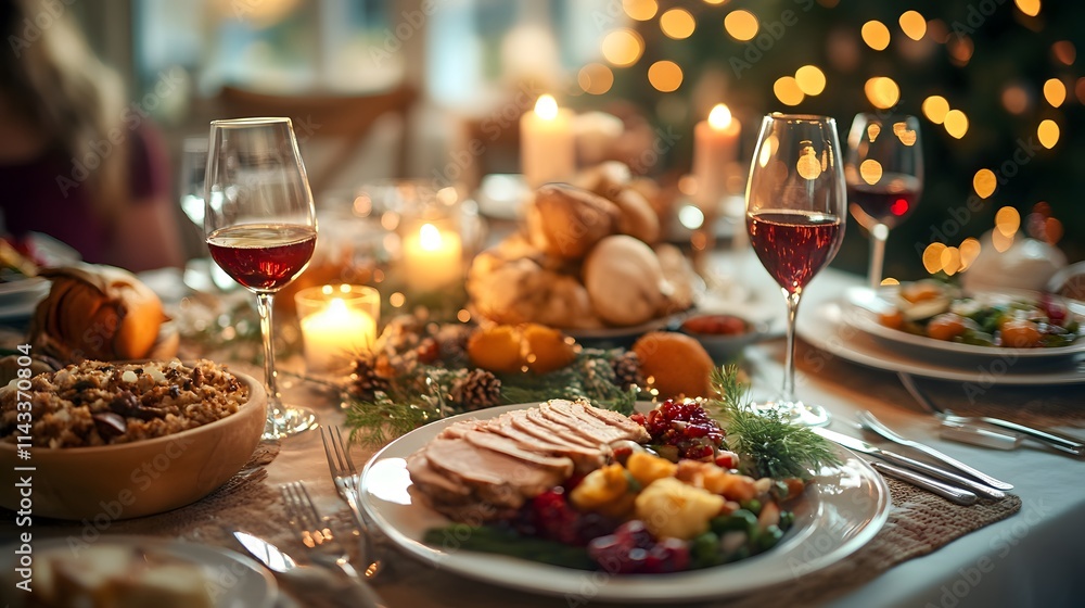 Festive dinner table setting with a delicious meal and sparkling glasses of wine. Festive dinner table setting with a delicious meal and sparkling glasses of wine.