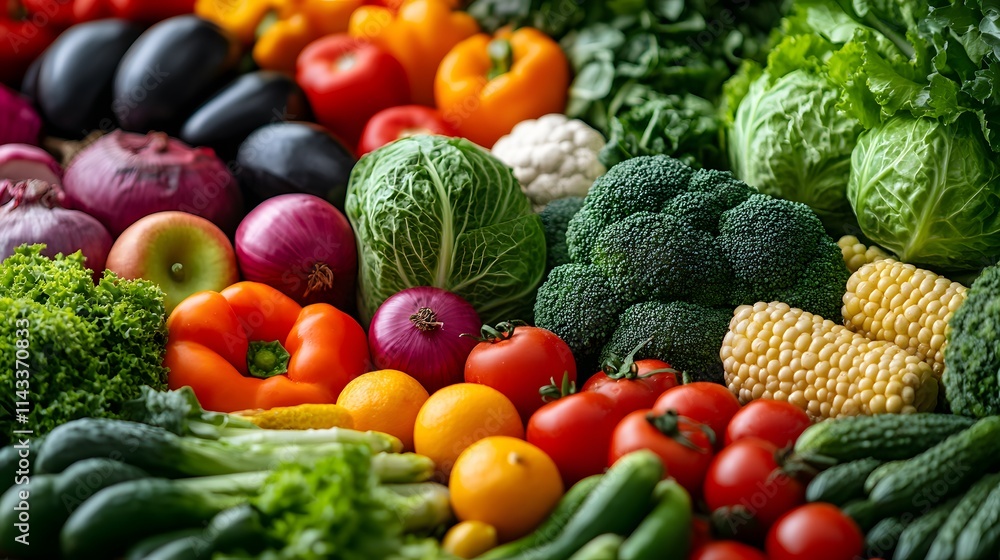 Vibrant assortment of fresh vegetables and fruits in colorful arrangement. Vibrant assortment of fresh vegetables and fruits in colorful arrangement.