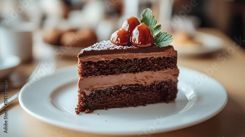 Delicious chocolate cake slice adorned with cherries, served on a white plate.