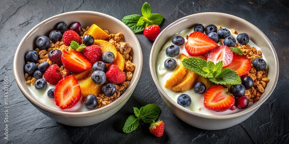 A refreshing breakfast bowl featuring a creamy yogurt base layered with crunchy granola, juicy peach slices, plump blueberries, bright red strawberries, and delicate mint leaves. A refreshing breakfast bowl featuring a creamy yogurt base layered with crunchy granola, juicy peach slices, plump blueberries, bright red strawberries, and delicate mint leaves.