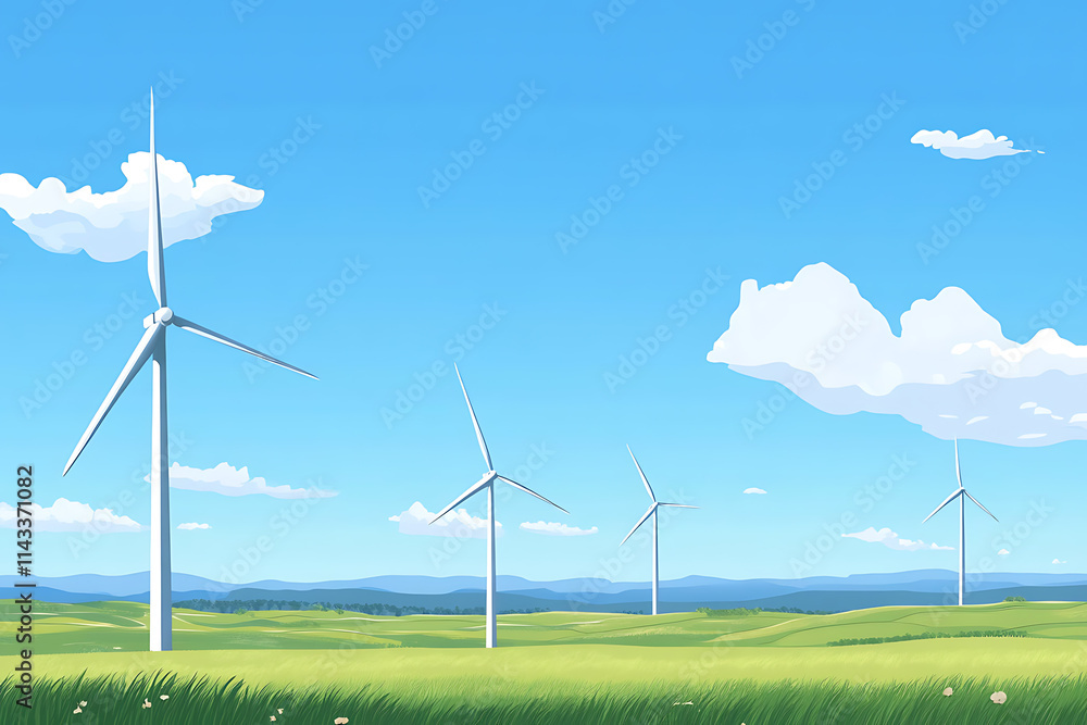 Flat vector illustration of a wind farm with tall turbines spinning under a clear blue sky, set in a green field, symbolizing renewable energy and sustainability Flat vector illustration of a wind farm with tall turbines spinning under a clear blue sky, set in a green field, symbolizing renewable energy and sustainability
