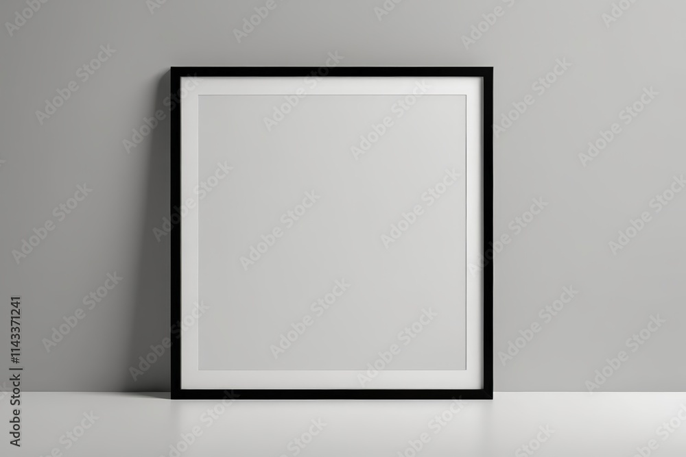 blank black picture frame on a white wall with a white floor
