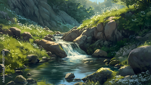 Tranquil stream in a rocky landscape. Rivulet. Illustration