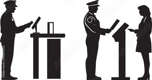 Silhouette of a security guard scanning passenger at security checkpoint vector silhouette