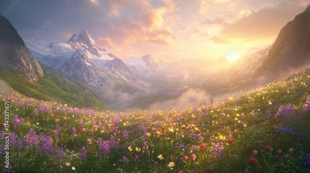 Fototapeta premium Majestic Sunrise Over a Colorful Flower Field with Mountain Range