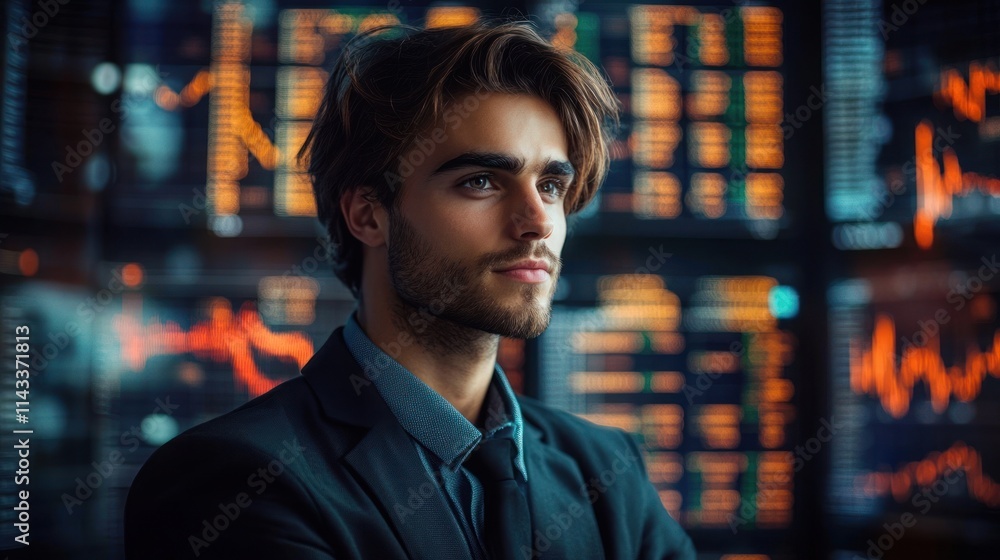 Confident Business Professional in Front of Digital Stock Market Screen with Cinematic Lighting and Modern Corporate Style Confident Business Professional in Front of Digital Stock Market Screen with Cinematic Lighting and Modern Corporate Style