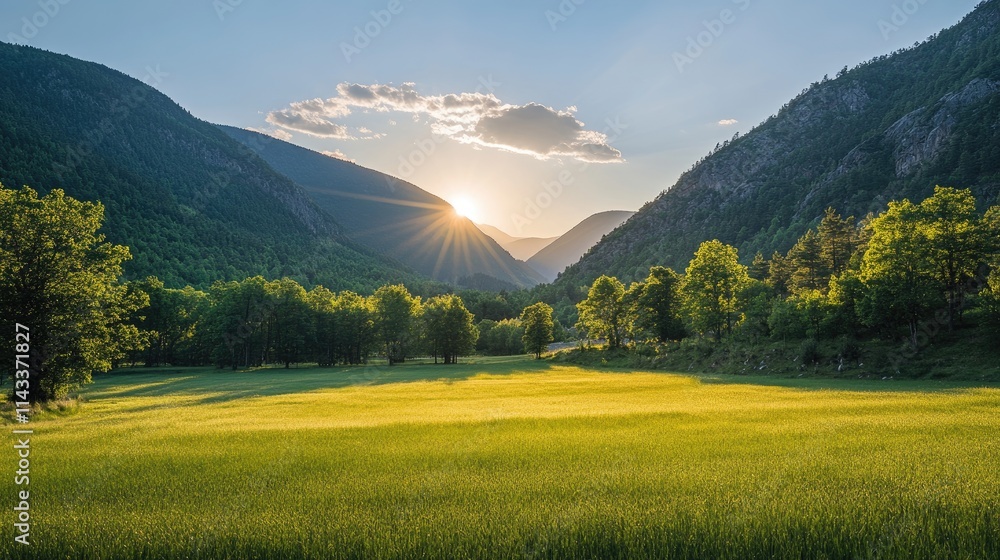 Obraz premium Serene Sunrise Over a Lush Green Valley with Majestic Mountains